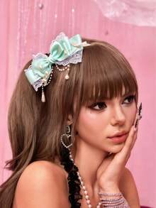ROMWE J-Fashion 1 件绿色蝴蝶结星形元素串珠发夹，可爱甜美风格白色蕾丝边发夹，手工洛丽塔茶会珍珠水钻发饰爪夹发夹 - 淺綠色 - 查看 3