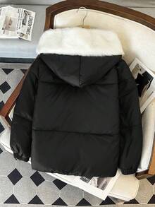 SHEIN Clasi 冬季加大码纯色人造毛皮拼接连帽长袖棉服外套 - 黑色 - 查看 2