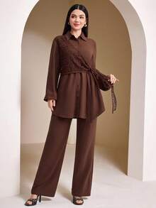 Veilorie 2件套女士阿拉伯风格套装（长袖上衣和裙子套装） - 咖啡棕 - 查看 3