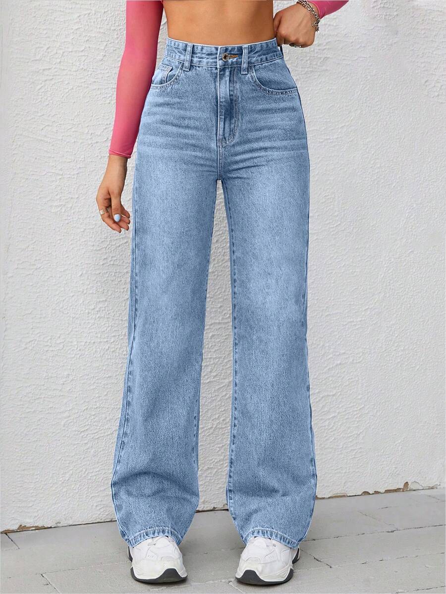 SHEIN EZwear 女士宽松直筒加厚口袋牛仔裤，适合感恩节和圣诞节穿着，休闲百搭。 - 中等水洗藍 - 查看 1