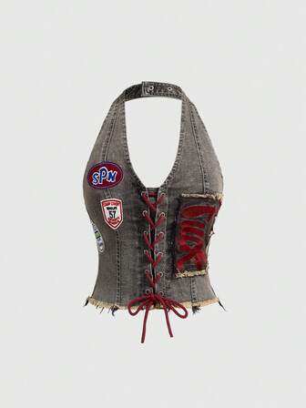 ROMWE Avant Top court en jean sexy à taille basse avec logo graphique brodé, style ballet sportif rétro Y2K pour femmes