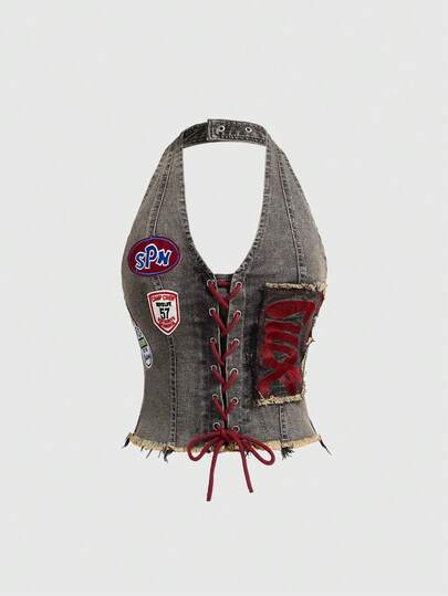 ROMWE Avant ملابس علوية قصيرة جينز مثيرة ذات خصر منخفض مع رسم شعار مطرز وربطة أسلوب الباليه الرياضي بطراز Y2K الرجعي للنساء