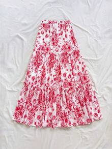 Soleia Chân váy chữ A xếp tầng cạp cao họa tiết hoa lãng mạn dành cho nữ, thích hợp cho kỳ nghỉ, lễ tốt nghiệp, đám cưới Chân váy dài họa tiết hoa mùa hè Cottagecore - Đỏ và trắng - Xem 5