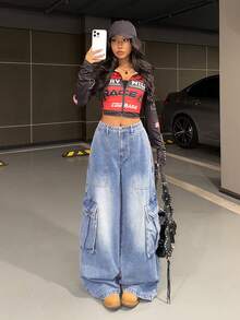 SHEIN HypeZone Women's Low Waist Fashionable Loose Cargo Style Versatile Denim Jeans - Blue - View 3