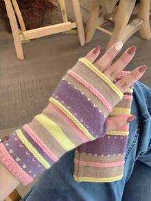 Joivida 1PAIR Women Half Finger Gloves Color Block Stripe Design Elastic Warm Soft Winter Gloves With Finger Visibility For Outdoor Activities Running Hiking Cycling Cold Weather Fashion Accessories Gift - Multicolor - View 8