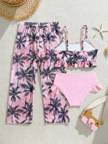 SHEIN Vintaside Kids 女童三件套针织树纹比基尼套装，包含纯色和印花背心上衣，时尚设计，可爱泳装，适合海滩、游泳、度假和夏季穿着。 - 粉色 - 查看 2