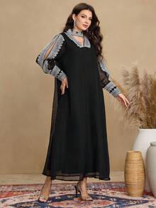 SHEIN Najma Elegant Floral Lace Trim Sleeve Split Hem Women Dress Kaftan Jalabiya Dress - Black - View 6