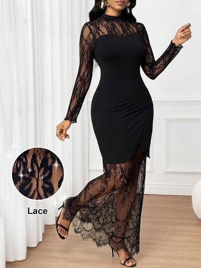 SHEIN Lady 女式花卉蕾丝领长袖鱼尾下摆修身优雅连衣裙