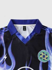 ROMWE MEN Street Life Men's Summer Casual Flame Print Short Sleeve Polo Shirt - Blue - View 4