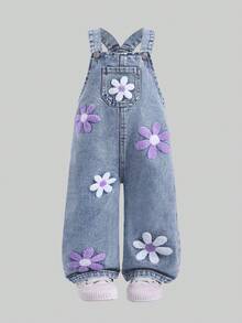 SHEIN Washed Denim Bib Pants For Baby Girls, Floral Print Loose Jumpsuit - Light Wash - View 4