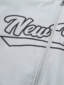 Manfinity Campus Court 美学帖——男士休闲字母印花保暖内衬夹克，秋冬棒球夹克，男士街头风拉链字母夹克，男士图案夹克，男士棒球夹克 - 淺灰色 - 查看 4