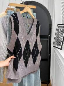 Franclia 女士针织高领毛衣，休闲菱形图案针织上衣 - 彩色 - 查看 8