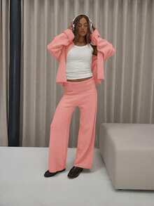 MUSERA Fold Over Waistband Wide Leg Knit Trousers Only Classy Cute Sexy Streetwear Fall Autumn Night Out Evening Party Elegant Winter    Sweatpants Pants - Pink - View 2