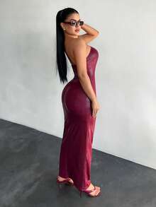 SHEIN SXY 女士仿鳄鱼纹无袖镂空修身长裙 - 酒紅色 - 查看 2