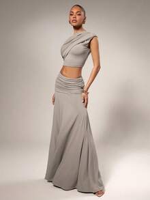 Hauture Bộ đồ công sở 2 món cho nữ đi chơi gồm áo crop top nhún bèo và chân váy maxi cạp trễ - Bụi tím - Xem 4