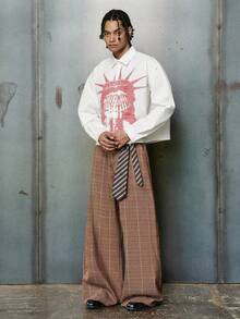 PAVTROS Men's Street-Style Popular INS Matching,Men's Plaid Pocket Wide Leg Loose Casual Pants With Embroidery Details, ,Stacked,Formal Pants,Streetwear,Warm Winter Outfits, Christmas Outfits,Boy Friend Gifts Plaid Pants Designer Pants Men Wide Leg Pants Men High Waisted Pants Mens Plaid Pants Brown Plaid Pants - Brown - View 3