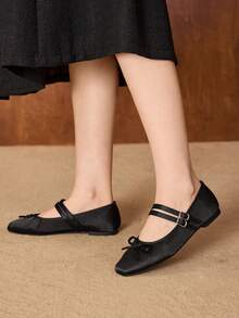 MOTF WOMEN'S ELEGANT MINIMALIST COMMUTING SOLID COLOR BOW DECOR DOUBLE BUCKLE STRAPS BALLET FLATS SHOES FOR CHRISTMAS VALENTINE'S DAY SPRING SHOES - Black - View 5