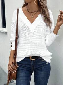 SHEIN Áo thun nữ cổ chữ V cài nút họa tiết kẻ sọc dứa mới - trắng - Xem 1