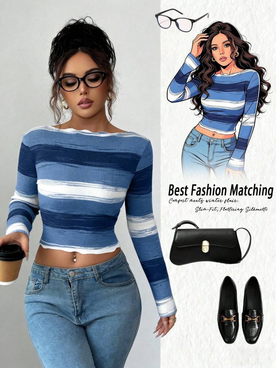 Elenzga Elegant Ombre Flare Sleeve Fitted Sweater, Autumn/Winter - Blue - View 1