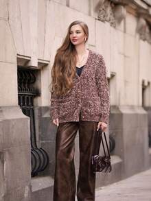 Anewsta V-Neck Loose Knit Mid-Length Cardigan, Coffee Color - Camel - View 8