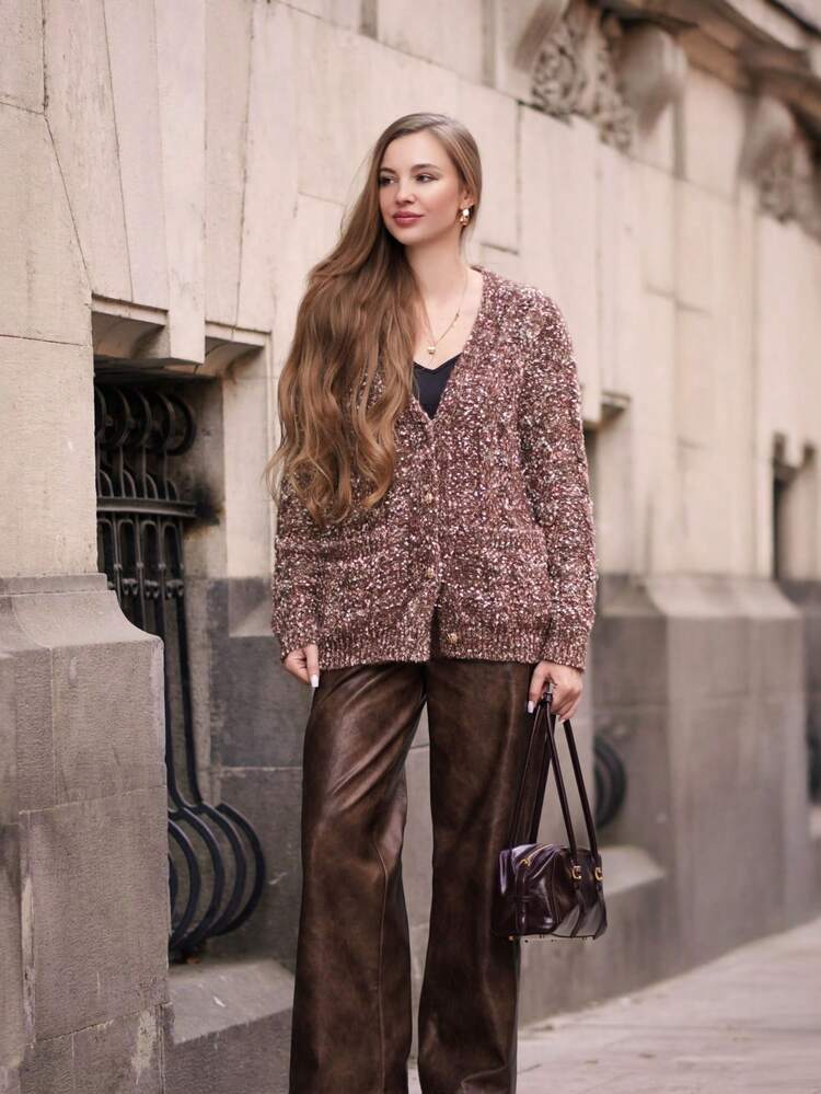V-Neck Loose Knit Mid-Length Cardigan, Coffee Color