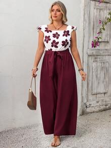 Breezaya Bộ jumpsuit dáng suông thanh lịch in hoa cỡ lớn, phối màu tương phản và tay áo loe, thích hợp cho kỳ nghỉ, mùa xuân/hè. - Nhiều màu - Xem 5
