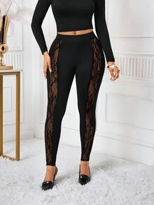 SHEIN Lady Women's Elastic Waist Contrast Lace Leggings - Black - View 5