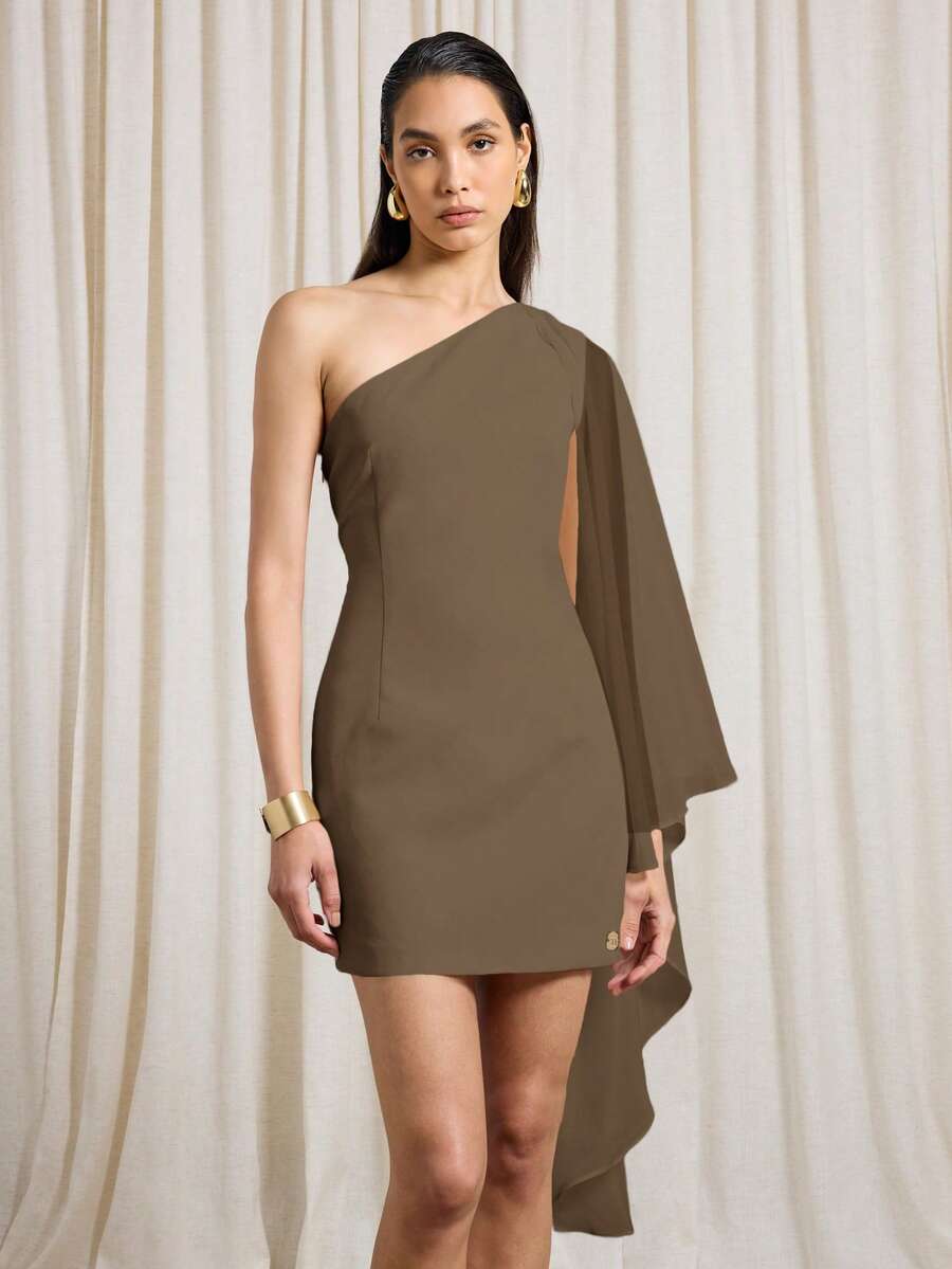 AiiRZ One Shoulder Cape Sleeve Mini Dress Asymmetric Bodycon Evening Party  Formal Special Occasion Women's Fitted Short Dress Wedding GuestMISSGUIDED