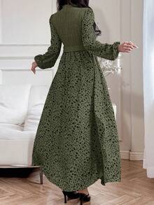 Feyla Women's Casual Vacation Style Ditsy Floral Lantern Sleeve 2 In 1 Arabic Dress, Spring/Autumn Green Elegant Dress Women Olive Dress - Army Green - View 6