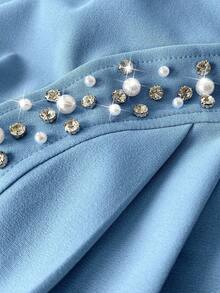Elenzga Blusa elegante y romántica de manga larga, cuello cuadrado, cintura ceñida y decoración de perlas para mujer talla grande, para primavera/otoño - Azul - Ver 7