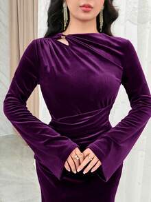 Modelyn 女士纯色荷叶边喇叭袖修身优雅连衣裙 - 紫色 - 查看 5