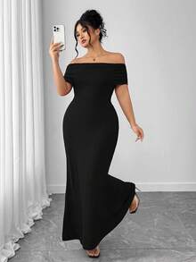 Elenzga 大码女士优雅纯色露肩露背修身连衣裙 - 黑色 - 查看 4
