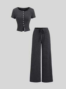 Sweetra 2件套女士休闲黑灰条纹通勤风针织修身T恤和阔腿低腰裤套装，春夏款 - 黑色 - 查看 1