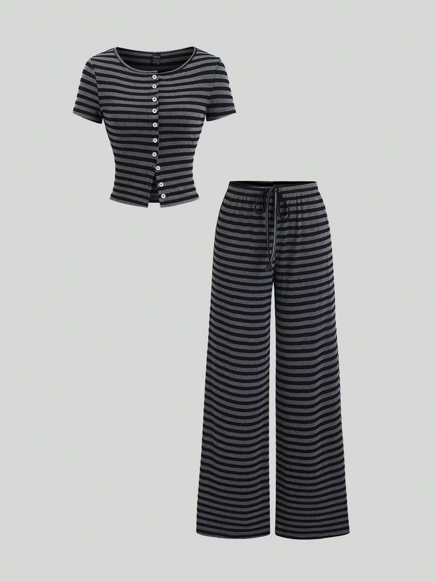 Sweetra 2件套女士休闲黑灰条纹通勤风针织修身T恤和阔腿低腰裤套装，春夏款 - 黑色 - 查看 1