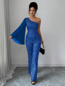 Elenzga 1pc Women's Asymmetric Polka Dot Glitter Jumpsuit With Bell Sleeves, Party Wear - Blue - View 4