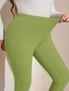 SHEIN LUNE Plus Size Women Solid Color Elastic Waist Casual Thermal Lined Leggings Knit Pants Green Pants For Women Lime Green Pants Green Clothes Green Leggings Women - Olive Green - View 7