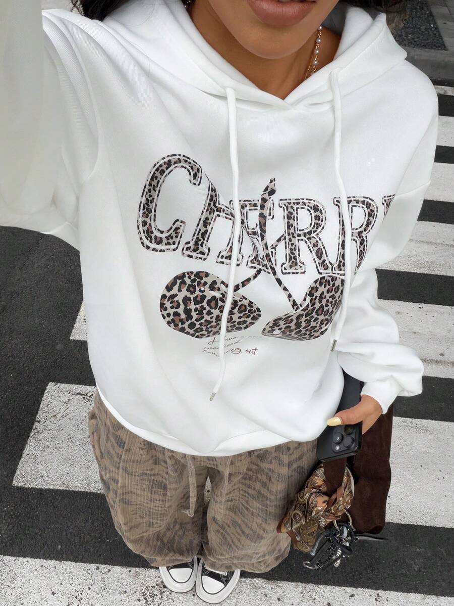 SHEIN EZwear Casual Minimalist Leopard Print Cherry Pattern Loose Fit Pullover Hoodie Sweatshirt For Women, Autumn/Winter,Long Sleeve Tops Back To School Fall And Winter Clothing
