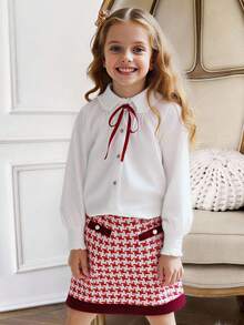PrepCrw Conjunto de 2 piezas de blusa de manga larga con cuello blanco y decoración de lazo, y falda mini de pata de gallo roja para niñas preadolescentes, adecuado para salidas casuales, reuniones, vacaciones, fiestas, otoño/invierno, Navidad - Multicolor - Ver 13