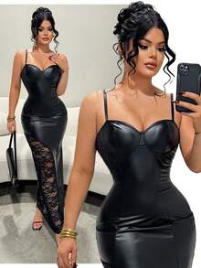 SHEIN SXY Sexy Black Leather Contrast Lacerk Dress,New Year,Elegant ,Black Dress ,Sexy ,Club , Black Club Dress, Black Sexy Dress Women, Black Leather Dress