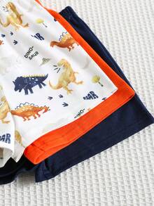 SHEIN 6件套男女宝宝夏季休闲度假针织卡通恐龙条纹背心和松紧腰短裤套装，基础款 - 彩色 - 查看 3