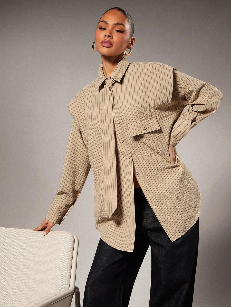 Hauture Tie Front Exaggerated Shoulder Striped Shirt - Apricot - View 1