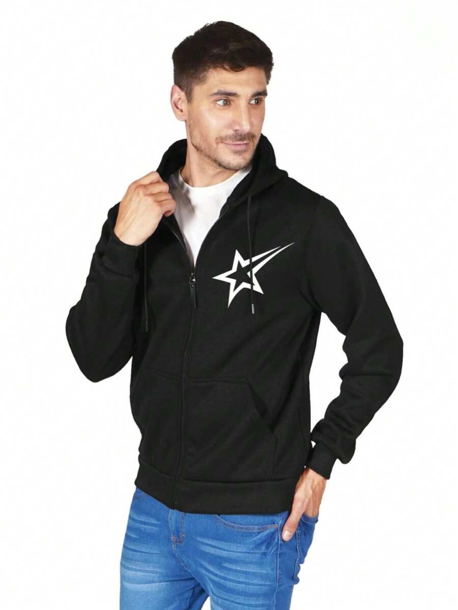 Hombre005 Sudadera con Capucha Hombre - Chaqueta Cremallera Nueva Colección, Diseño Trendy y Versátil, Envío desde México de hombro con cresta estelar negra, cómoda y estilo atrevido, perfecta para cualquier ocasión - Negro - Ver 1