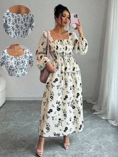Vestido de manga farol con estampado floral todo sobre en mujer elegante