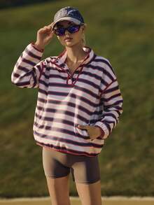 WanderVale Striped Loose Button Half-Placket Drop Shoulder Long Sleeve Casual Top For Women, Red White And Blue Fourth Of July Patriotic Striped Pullover - Multicolor - View 4