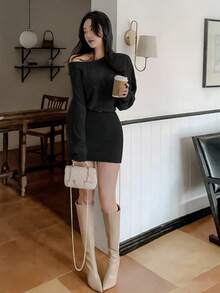 DAZY 女士露肩/不对称肩部修身迷你连衣裙，秋冬季款 - 黑色 - 查看 5