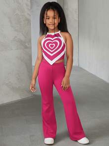 SHEIN Tween Girl Basic Casual Sleeveless Halter Knit Top & Solid Color Flared Pants 2pcs Outfit Set For Valentine's Day - Hot Pink - View 1