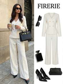 Firerie Women's V-Neck Metal Double-Breasted Waist Long Sleeve Top And Pants Knit Sweater Set, Solid Color Loose Elegant Suit Style Sweater Set, Long Sleeve Long Pants Sweater Set, V-Neck Top And Pants Set, Elegant Commuter Outfit, Spring/Autumn/Winter Clothing, Elegant, Commuter, Casual, Daily, Minimalist, Work Outfit - Beige - View 1