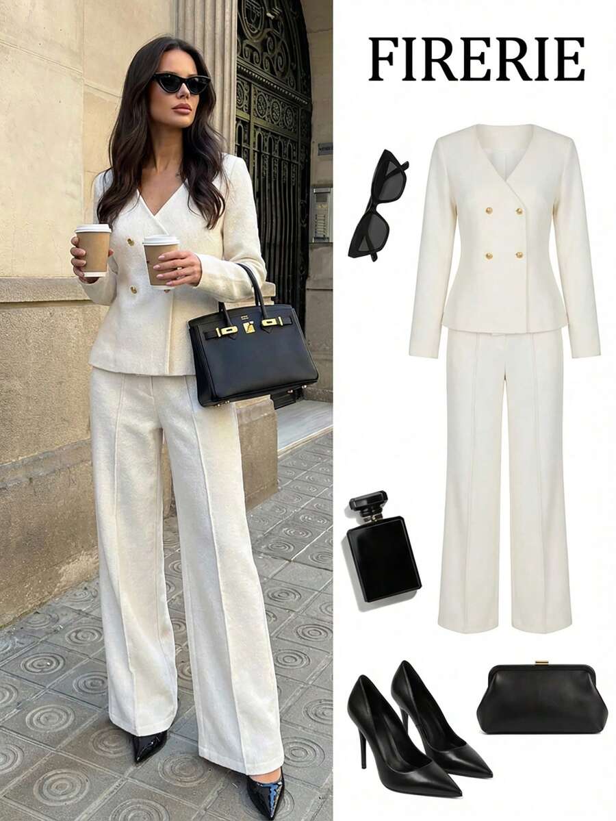 Firerie Women's V-Neck Metal Double-Breasted Waist Long Sleeve Top And Pants Knit Sweater Set, Solid Color Loose Elegant Suit Style Sweater Set, Long Sleeve Long Pants Sweater Set, V-Neck Top And Pants Set, Elegant Commuter Outfit, Spring/Autumn/Winter Clothing, Elegant, Commuter, Casual, Daily, Minimalist, Work Outfit - Beige - View 1