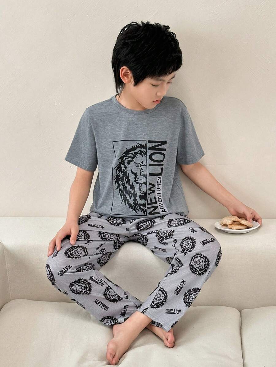 两件套儿童/青少年男童休闲舒适印花圆领短袖睡衣套装 - 上衣和裤子 - 彩色 - 查看 1