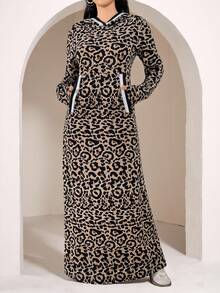 Veilorie 女士豹纹口袋长袖连帽休闲长袍端庄连衣裙 - 卡其色 - 查看 1